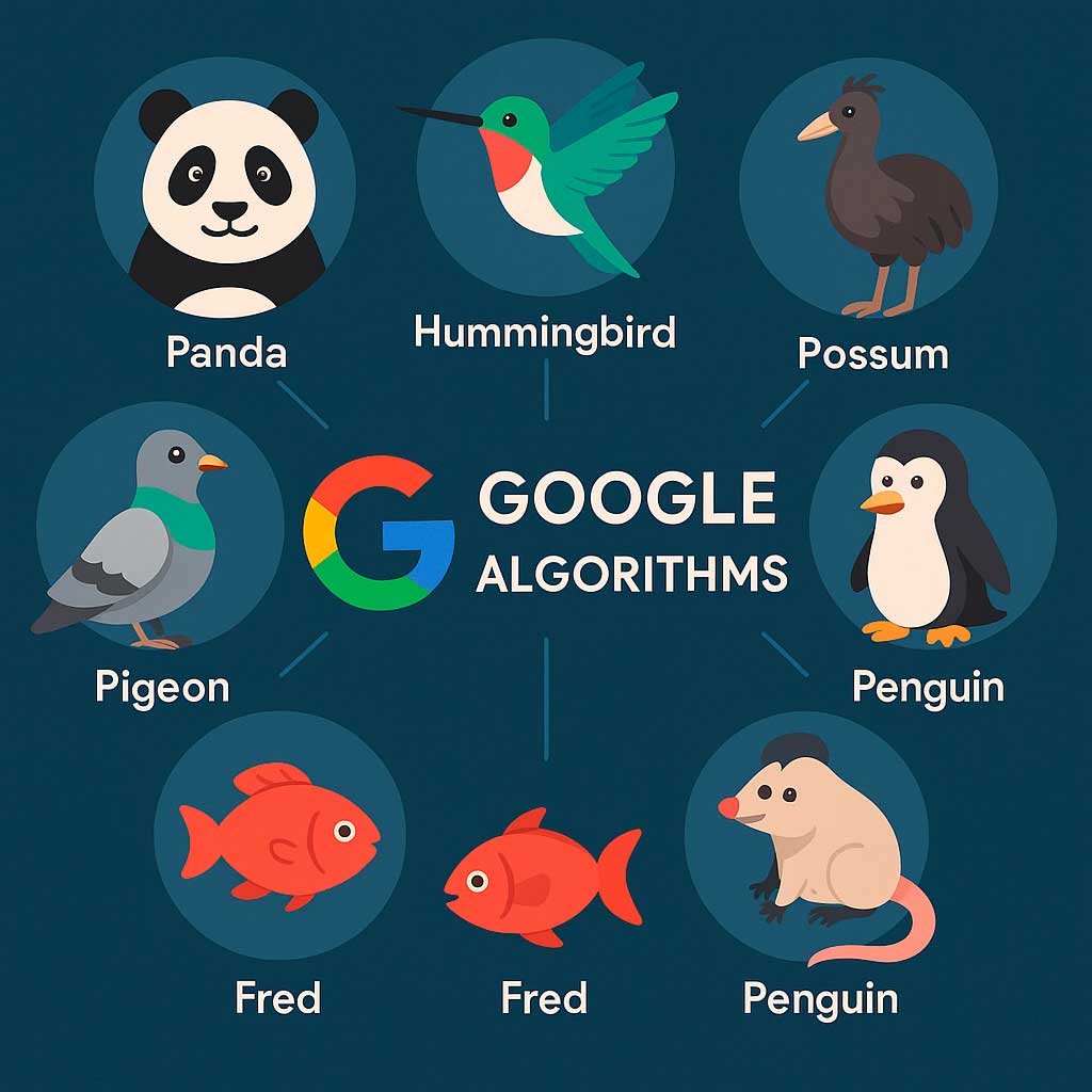 Ilustración de los principales algoritmos de Google —Panda, Penguin, Pigeon, Possum, Hummingbird, Fred y E-Mo— representados con iconos de animales y el logotipo de Google, simbolizando su impacto en el posicionamiento web.