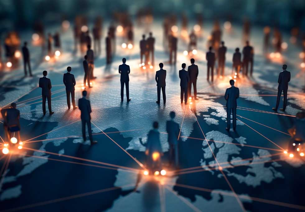 Representación de una red global de personas conectadas, simbolizando la difusión y alcance de los contenidos IA SGE optimizados para Google