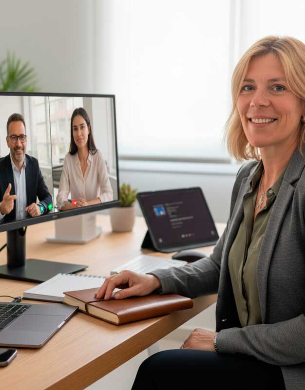 Profesional de OlgaComunicación en reunión online con clientes, ofreciendo asesoría estratégica en contenidos IA SGE médicos y posicionamiento web