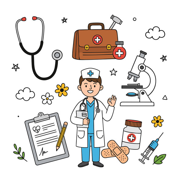 Ilustración de médico con instrumentos sanitarios representando la evolución del marketing médico hacia estrategias éticas y profesionales.