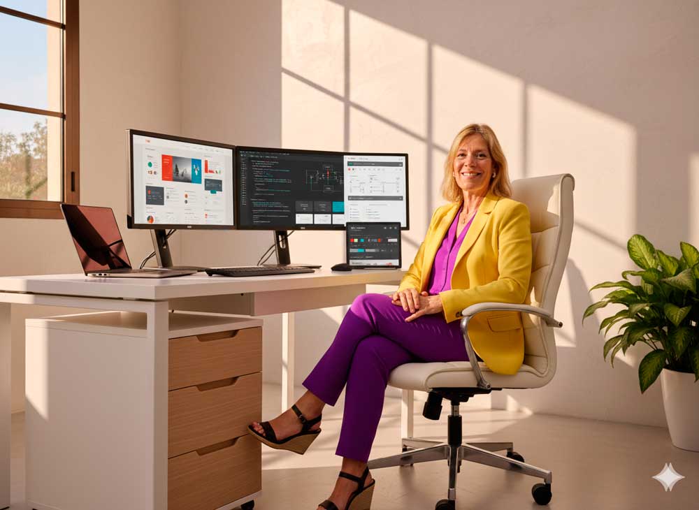 Profesionales de OlgaComunicación realizando consultoría web con análisis técnico en varias pantallas