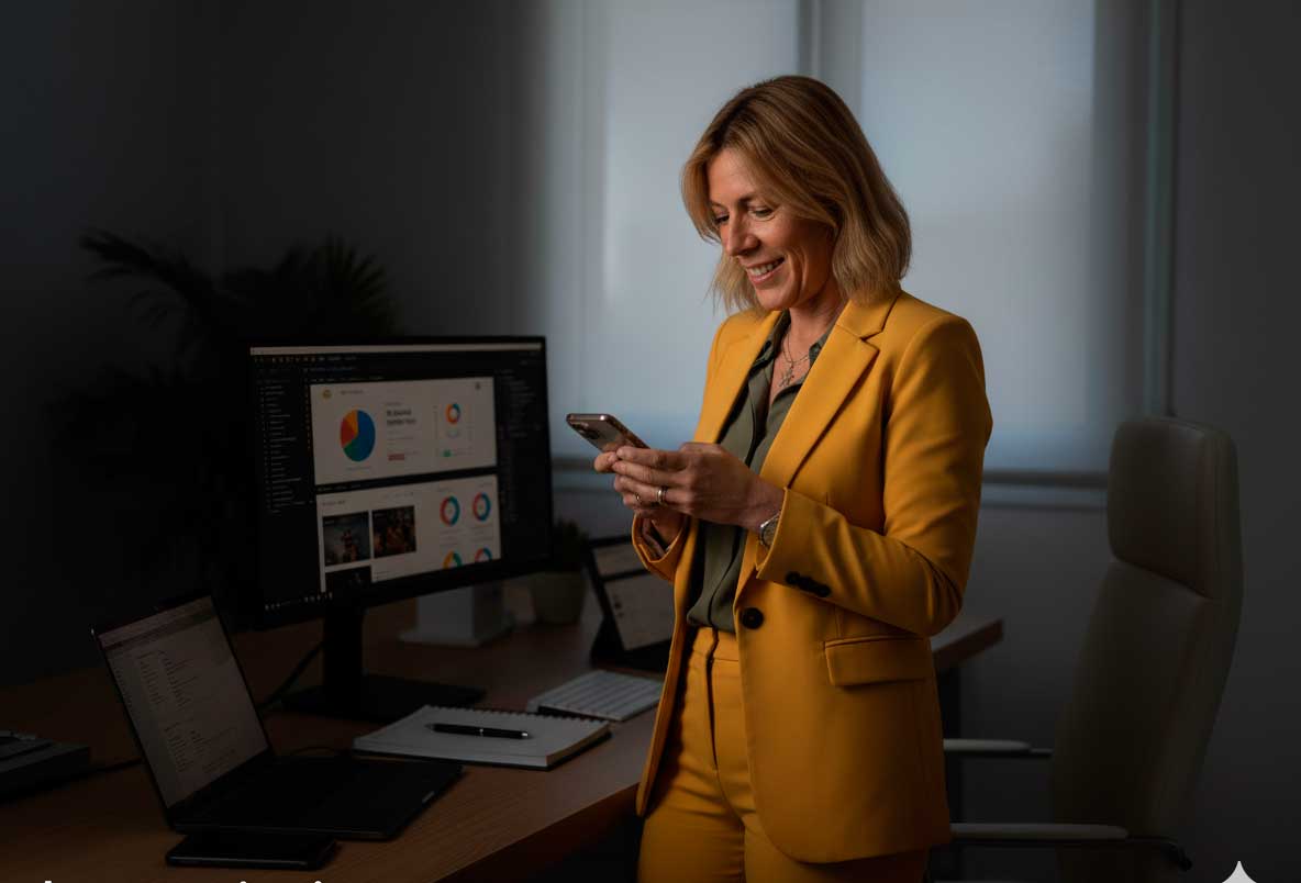 Profesional de auditoría y análisis web revisando métricas digitales desde el móvil