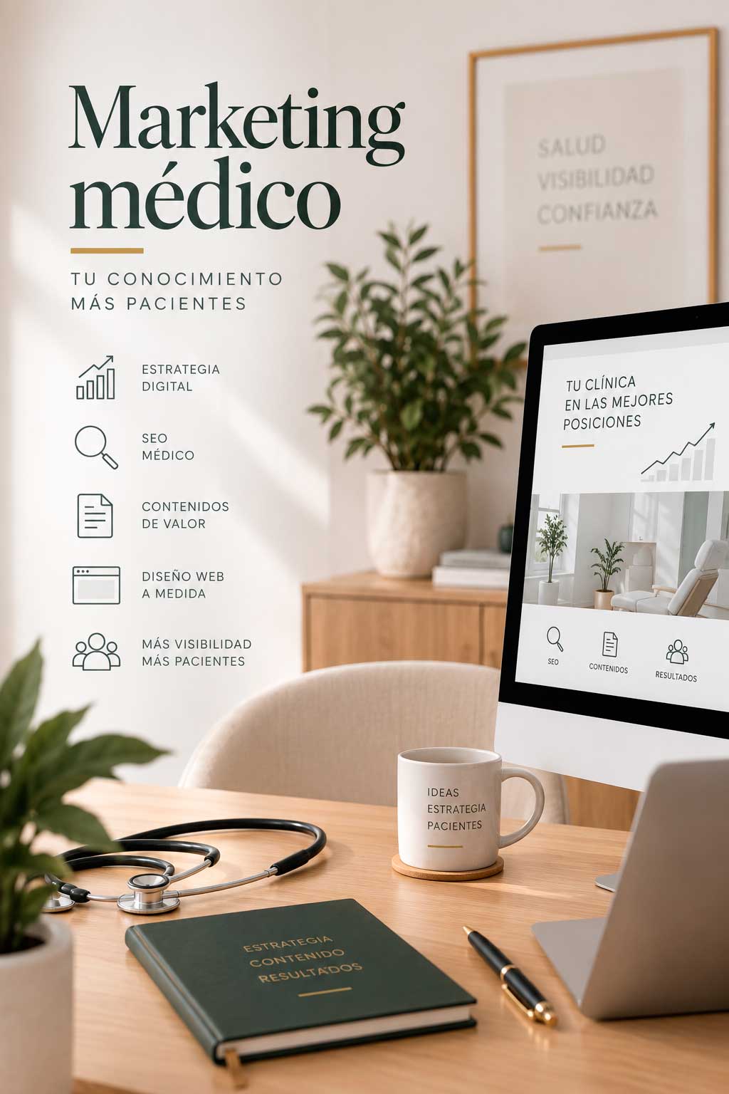 Mesa de trabajo con una pantalla y materiales de marketing médico