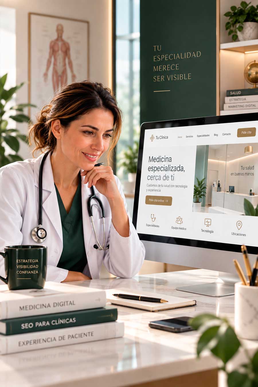 Médica revisa en su portátil la presencia digital de su consulta