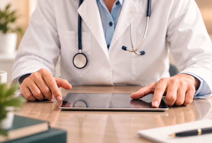 Médico utilizando una tableta sobre su mesa de consulta