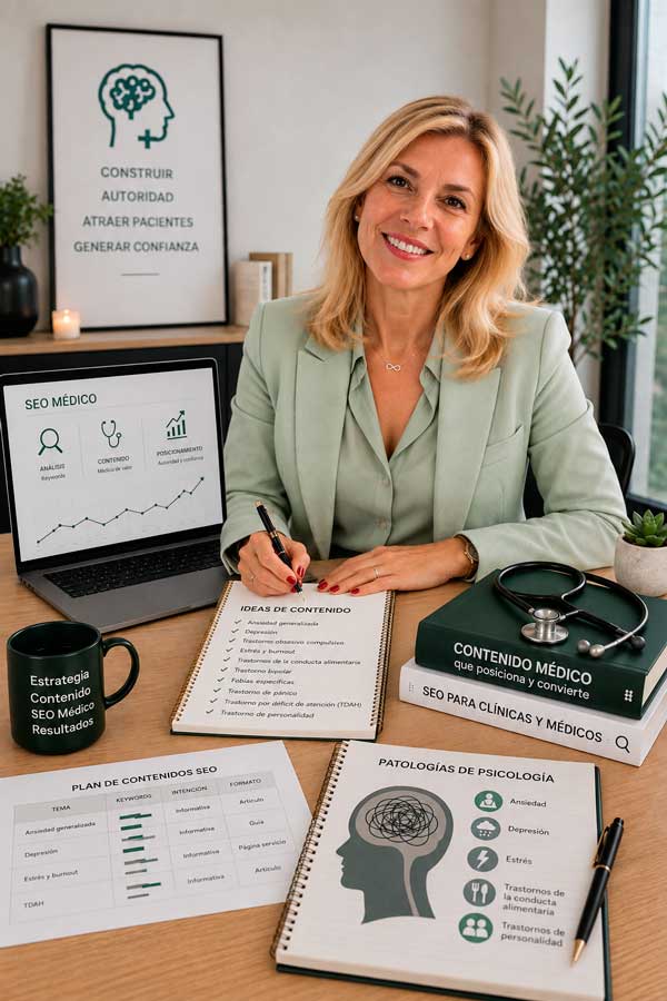 Olga Villanueva junto a materiales de planificación de una web médica