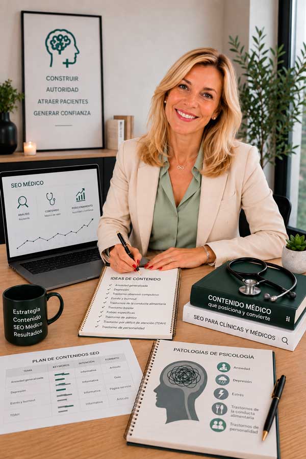 Olga Villanueva junto a documentos de planificación y una pantalla de análisis