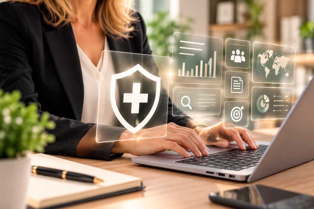 Profesional trabajando con un portátil junto a paneles digitales de analítica y un icono de escudo.