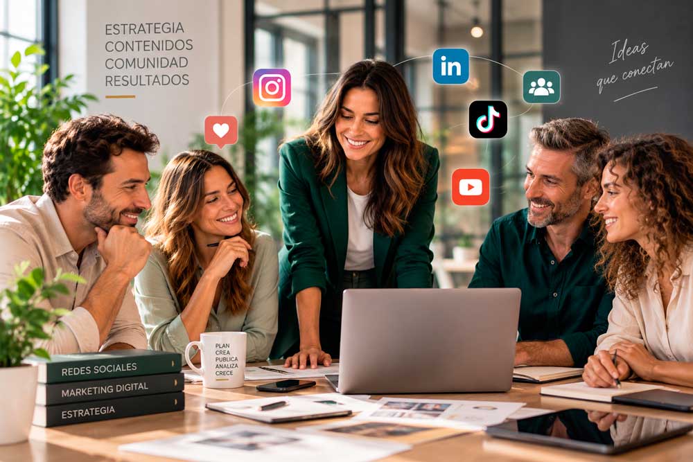 Gestión de redes sociales: equipo reunido para planificar contenidos y estrategia digital.