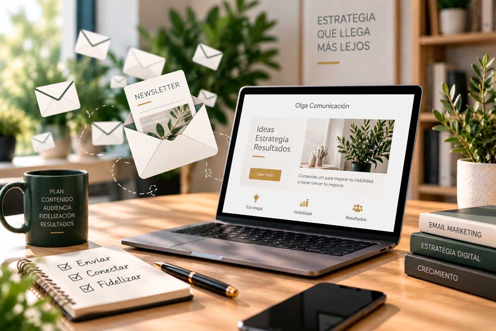 Email marketing y newsletters: portátil, sobres, cuaderno y materiales para planificar una campaña.