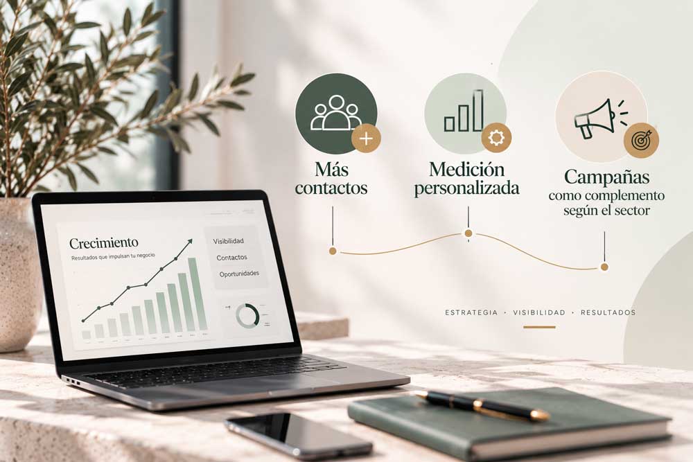 Portátil con gráficos e iconos sobre contactos, medición y campañas de marketing