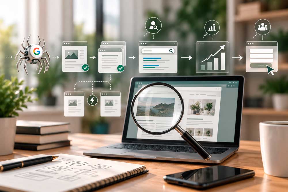 Escena de revisión de una web y medición de visibilidad en la página de Google Analytics.