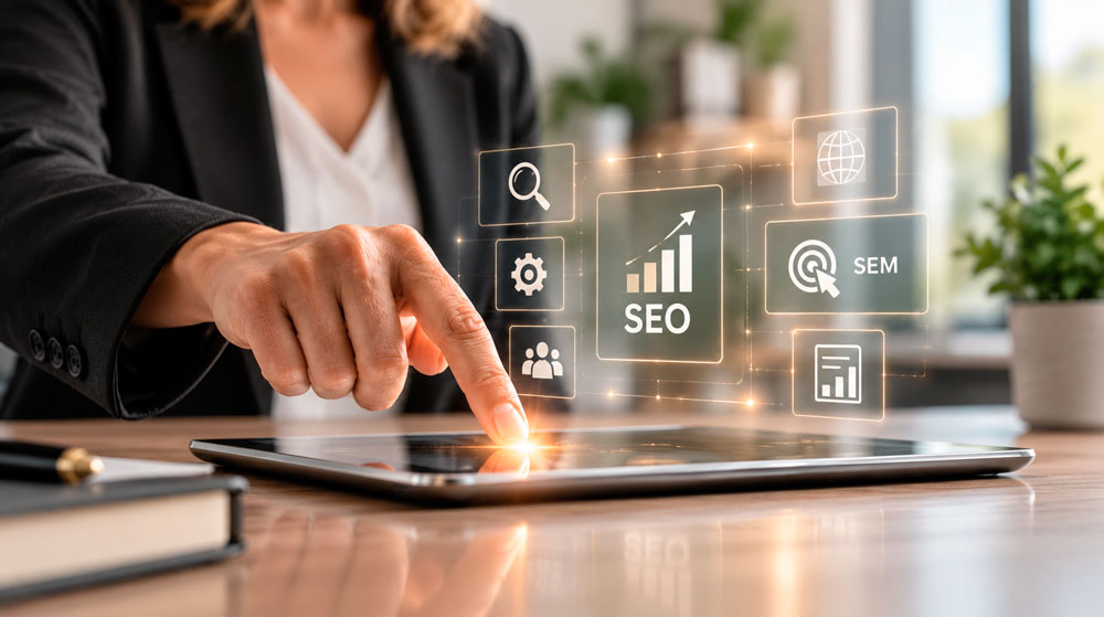 Profesional interactuando con paneles visuales de SEO, SEM y métricas en una tableta.
