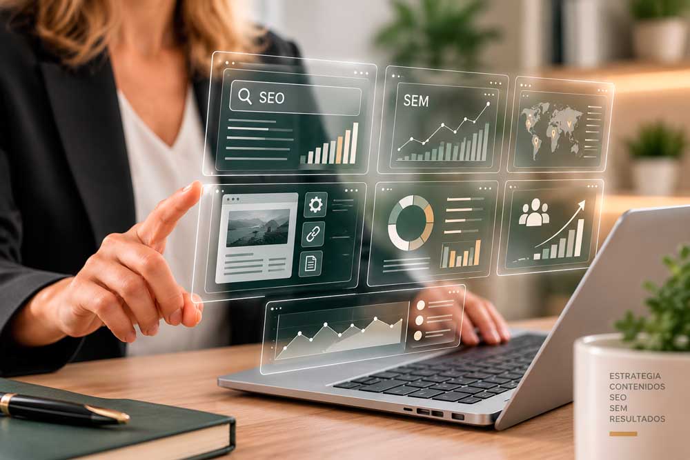 Profesional revisando paneles digitales de SEO, campañas SEM y analítica en un portátil.