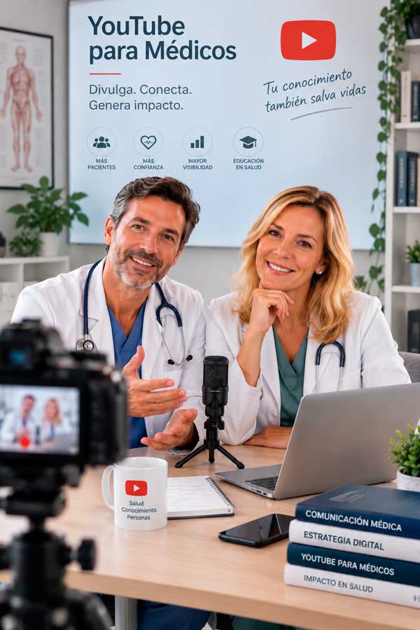 Profesional sanitario y Olga Villanueva ante una cámara, con una infografía sobre YouTube para médicos